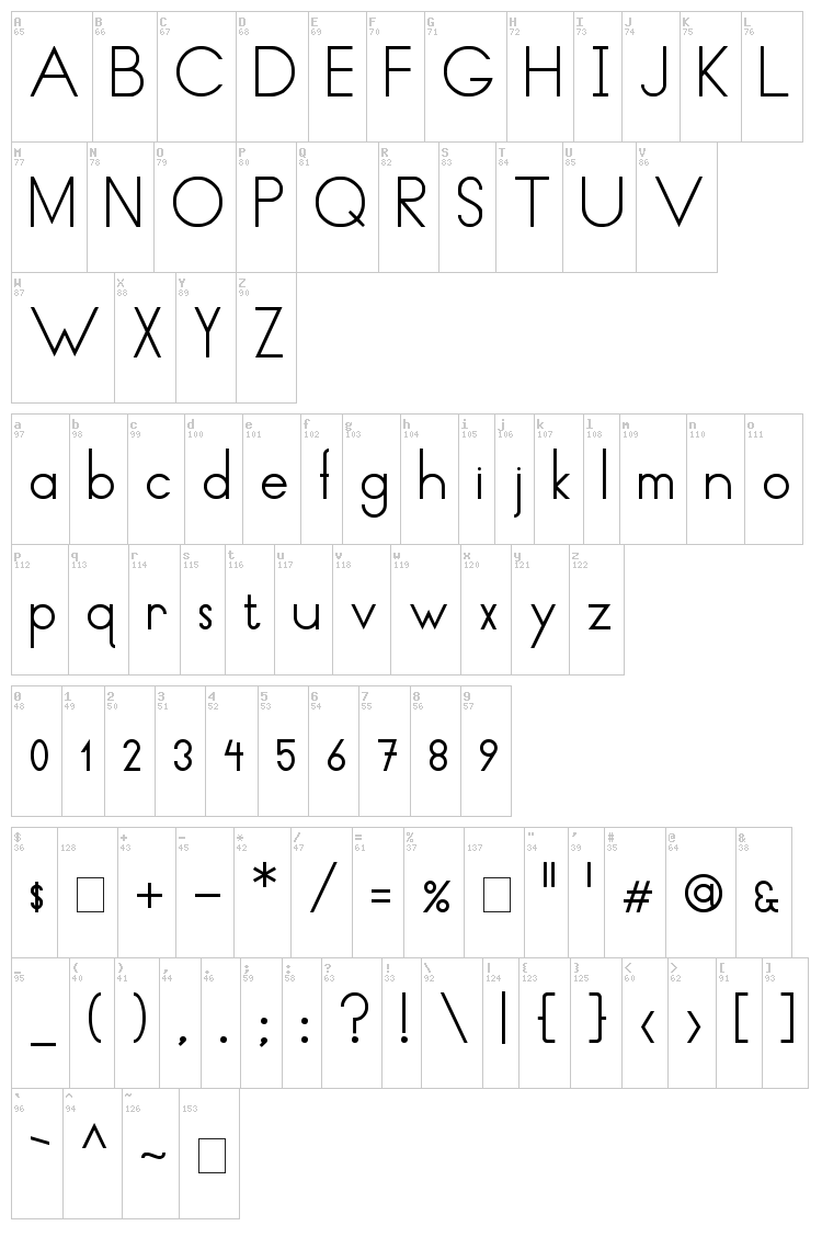 Thin Lines and Curves font map